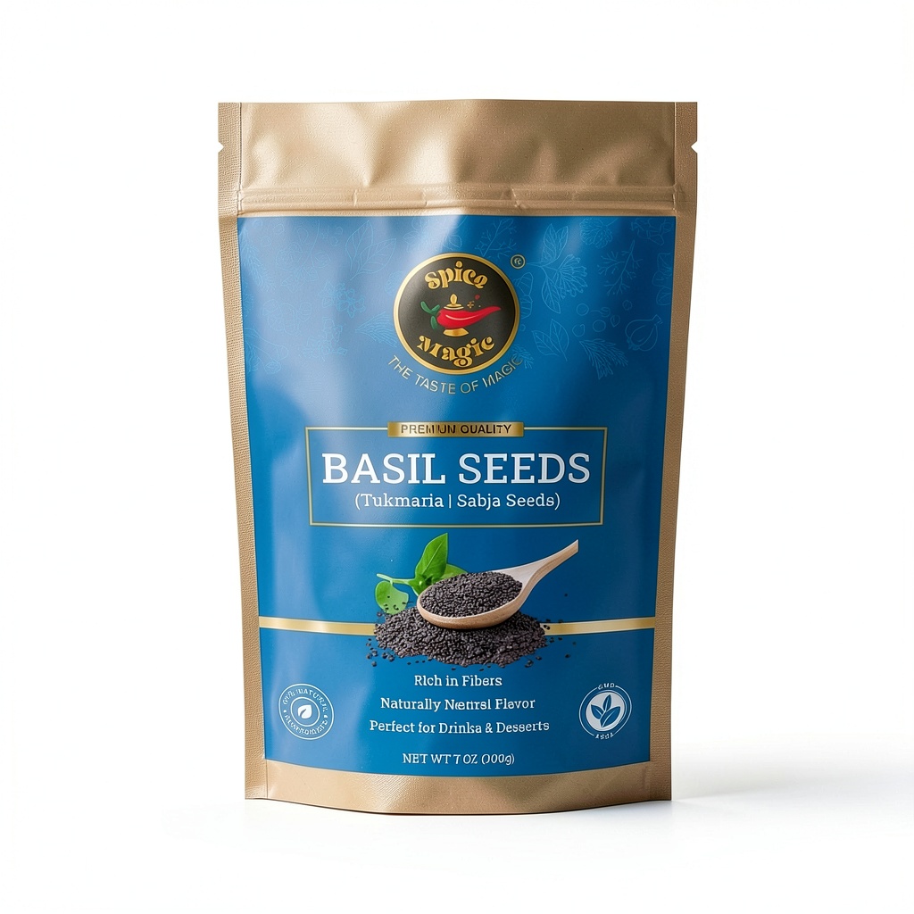 Sweet basil seeds in a resealable pouch with measuring spoon