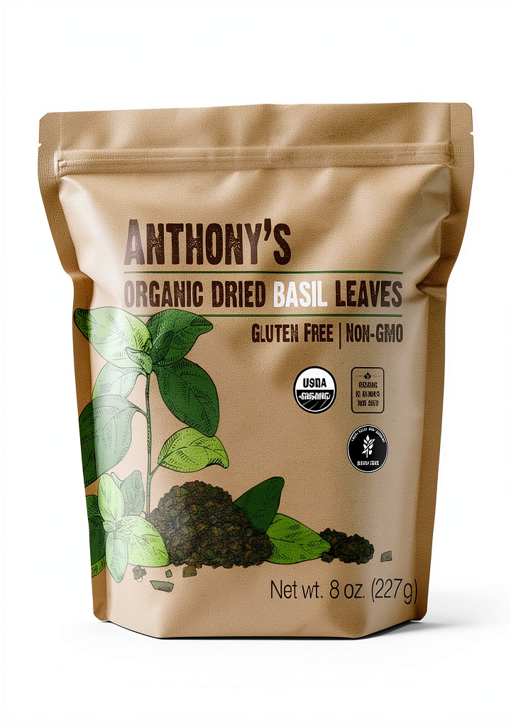 Anthony's Organic Dried Basil Leaves in a sealed package with close-up of leaves