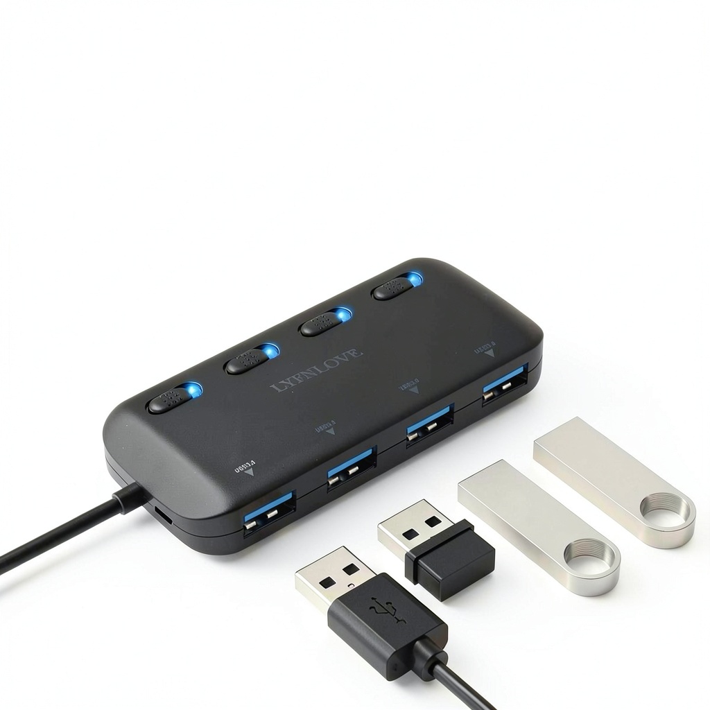 LYFNLOVE USB hub connected to a laptop in a coffee shop